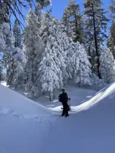 Woman hiking with trekking poles across snow covered trail