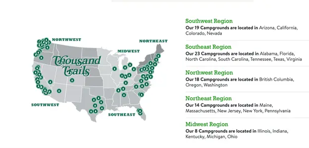 Map markers indicating locations of Thousand Trails campgrounds