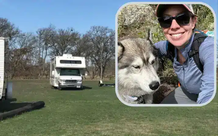 Class C RV parked in field with overlaid image of hiker and her dog.